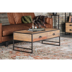 Ooki Coffee Table With Four Drawers in Reclaimed Wood and Black Steel