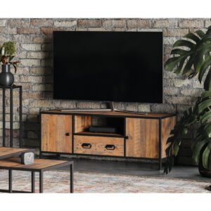 Ooki Large Widescreen Television cabinet in Reclaimed Wood and Black Steel