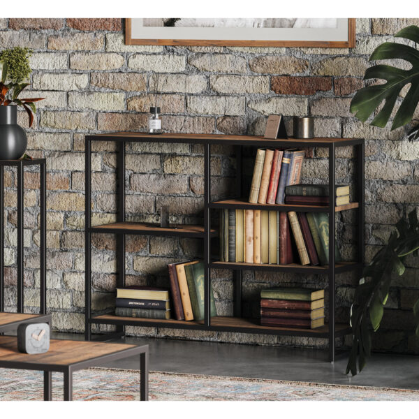 Ooki Low Open Bookcase in Reclaimed Wood and Black Steel