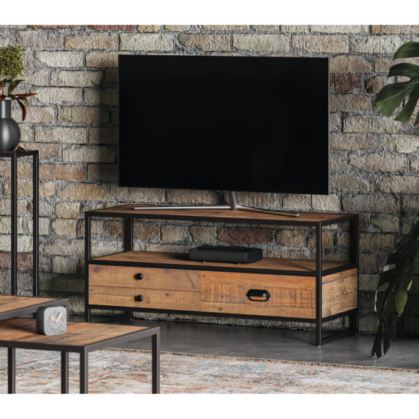 Ooki Widescreen Television cabinet in Reclaimed Wood and Black Steel